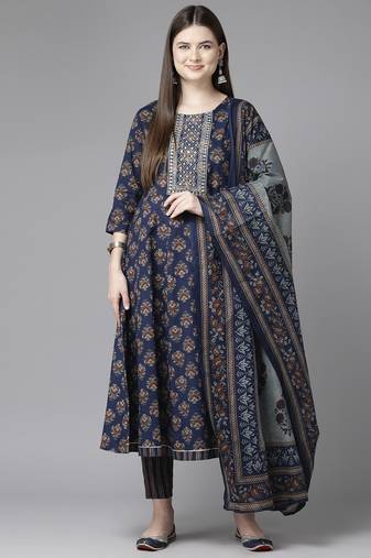 Yufta women navy blue sequins work anarkali kurta with trouser & dupatta