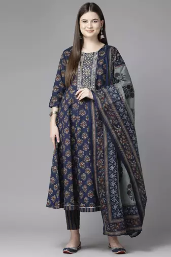 Yufta women navy blue sequins work anarkali kurta with trouser & dupatta