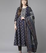 women navy blue sequins work anarkali kurta with trouser & dupatta