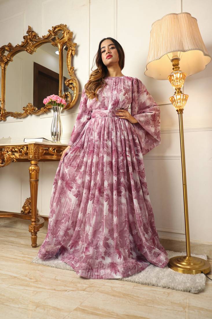 Pink georgette floral printed partywear long kurti with belt