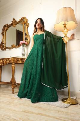 Green chikankari work fit & flared ethnic dress 1