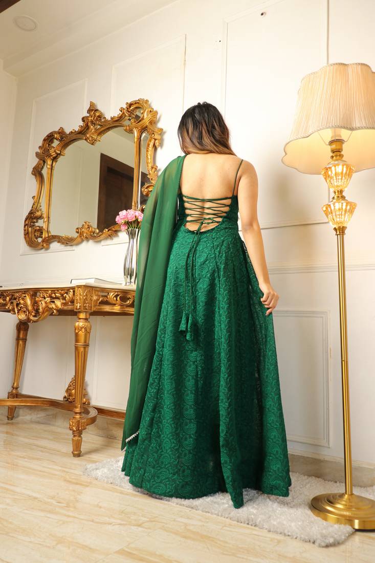 Green chikankari work fit & flared ethnic dress