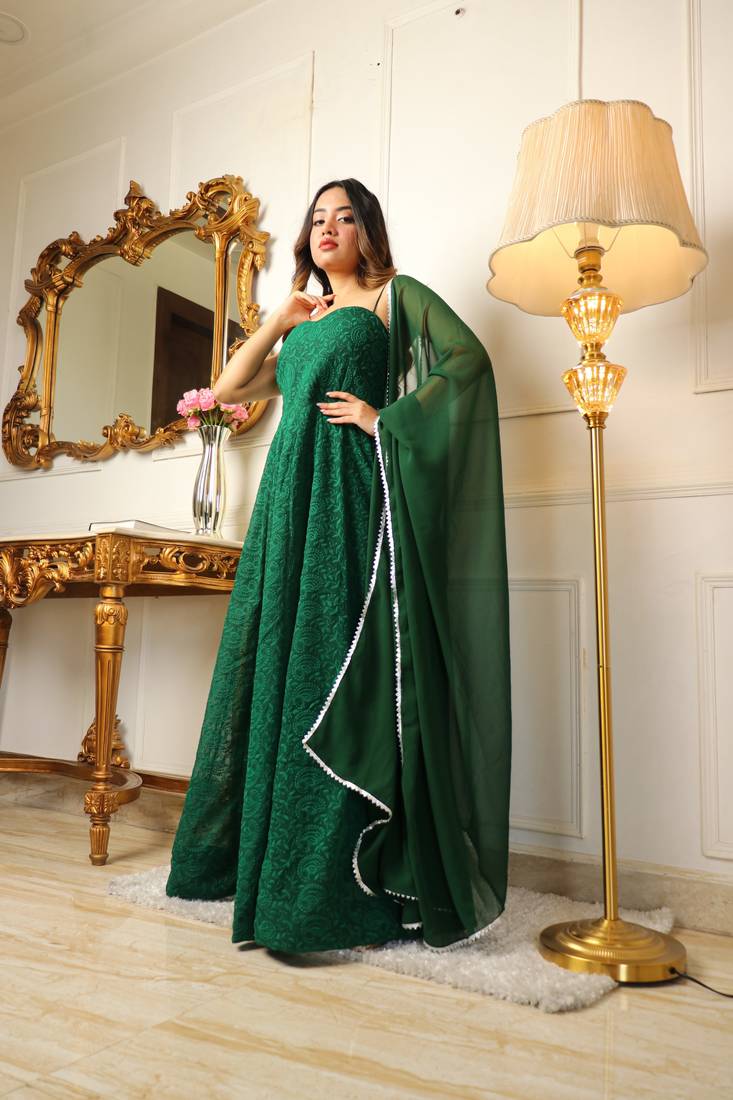Green chikankari work fit & flared ethnic dress