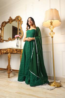 Green chikankari work fit & flared ethnic dress 5