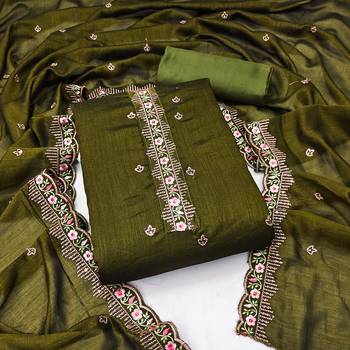 Women's mehandi unstitched heavy thread embroidery, sequence with embroidered dupatta silk dress material (gngr50067mhd) 1
