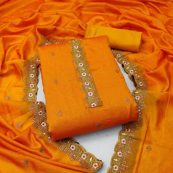 Women's yellow unstitched heavy thread embroidery, sequence  with embroidered dupatta silk dress material (gngr50067ylw) 1