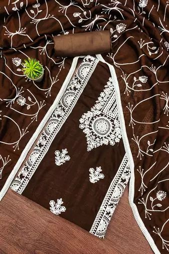 Women's brown unstitched heavy thread embroidery and designer embroidered dupatta silk dress material (gngr50069bwn)