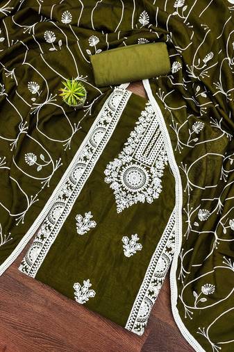 Women's mehandi unstitched heavy thread embroidery and designer embroidered dupatta silk dress material (gngr50069mhd)