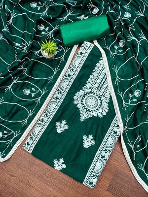 Women's sea green heavy thread embroidery and designer embroidered dupatta silk dress material 1