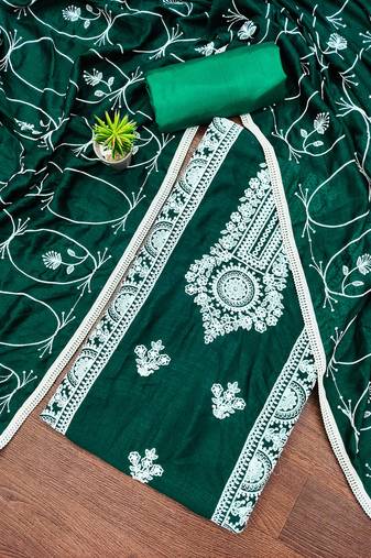 Women's sea green unstitched heavy thread embroidery and designer embroidered dupatta silk dress material (gngr50069sgn)