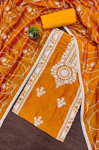 Women's yellow unstitched heavy thread embroidery and designer embroidered dupatta silk dress material (gngr50069ylw)