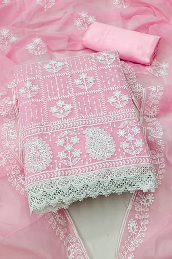 Women's pink unstitched thread embrodiery with designer embroidered dupatta chanderi cotton dress material (mt501pnk)