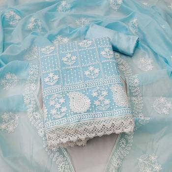 Women's sky blue thread embrodiery with designer embroidered dupatta chanderi cotton dress material 2