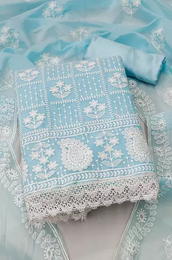 Women's sky blue unstitchedthread embrodiery with designer embroidered dupatta chanderi cotton dress material (mt501sbl)