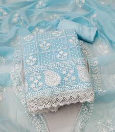 Women's sky blue thread embrodiery with designer embroidered dupatta chanderi cotton dress material