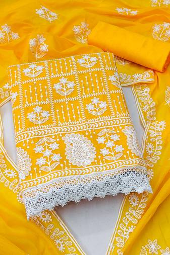 Women's yellow unstitched thread embrodiery with designer embroidered dupatta chanderi cotton dress material (mt501ylw)