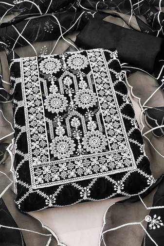 Women's black unstitched thread embrodiery with designer embroidered dupatta organza dress material 