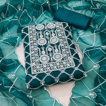 Women's green unstitched thread embrodiery with designer embroidered dupatta organza dress material (mt502grn) 1