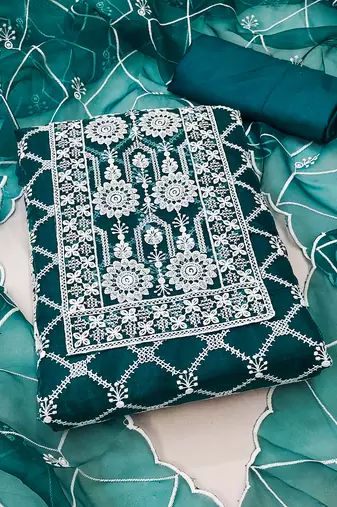 Women's green unstitched thread embrodiery with designer embroidered dupatta organza dress material (mt502grn)
