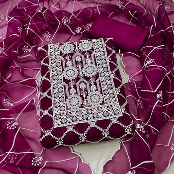 Women's magenta thread embrodiery with designer embroidered dupatta organza dress material 1