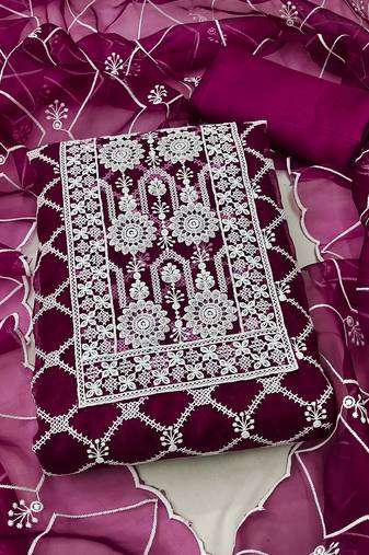 Women's magenta unstitched thread embrodiery with designer embroidered dupatta organza dress material (mt502mgt)