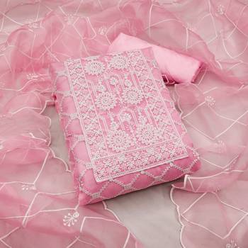 Women's pink thread embrodiery with designer embroidered dupatta organza dress material 1