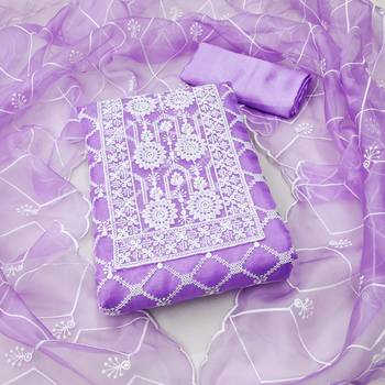 Women's purple unstitched thread embrodiery with designer embroidered dupatta organza dress material (mt502ppl) 1