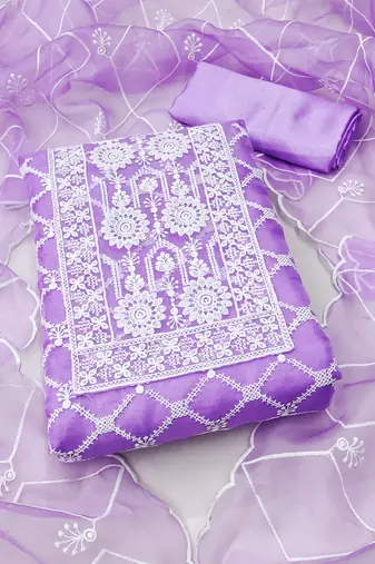 Women's purple unstitched thread embrodiery with designer embroidered dupatta organza dress material (mt502ppl)