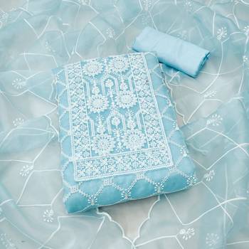 Women's sky blue thread embrodiery with designer embroidered dupatta organza dress material 1