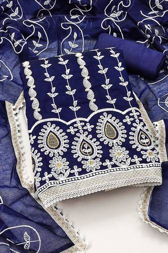 Women's blue unstitched thread embrodiery with designer embroidered dupatta chanderi cotton dress material (mt503blu)