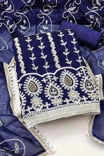 Women's blue unstitched thread embrodiery with designer embroidered dupatta chanderi cotton dress material (mt503blu)