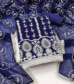 Women's blue thread embrodiery with designer embroidered dupatta chanderi cotton dress material