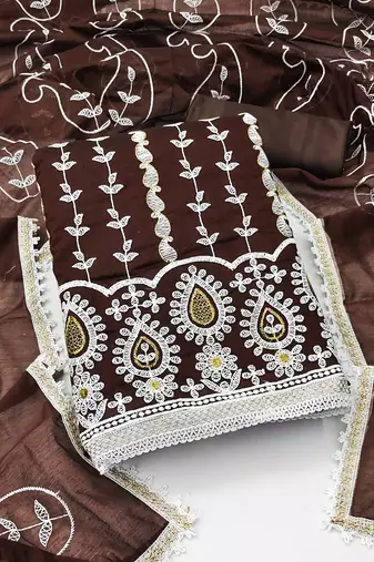 Women's brown unstitched thread embrodiery with designer embroidered dupatta chanderi cotton dress material 