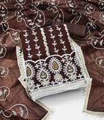 Women's brown thread embrodiery with designer embroidered dupatta chanderi cotton dress material