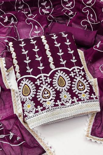 Women's magenta unstitched thread embrodiery with designer embroidered dupatta chanderi cotton dress material (mt503mgt)