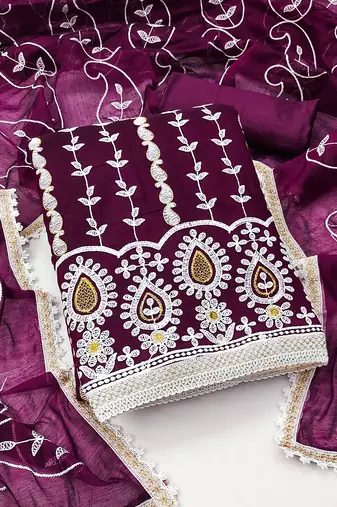 Women's magenta unstitched thread embrodiery with designer embroidered dupatta chanderi cotton dress material (mt503mgt)
