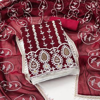 Women's maroon thread embrodiery with designer embroidered dupatta chanderi cotton dress material 2