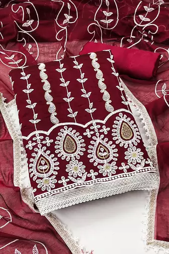 Women's maroon unstitched thread embrodiery with designer embroidered dupatta chanderi cotton dress material (mt503mrn)