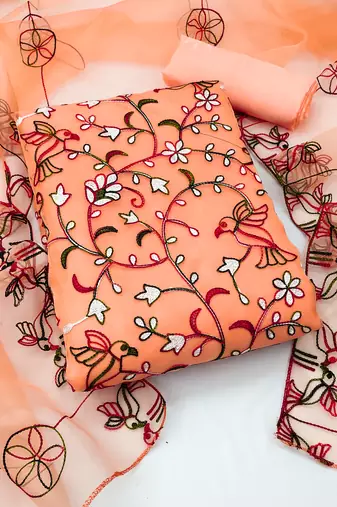 Women's peach unstitched  chain stitched embrodiery with embroidered dupatta organza dress material 