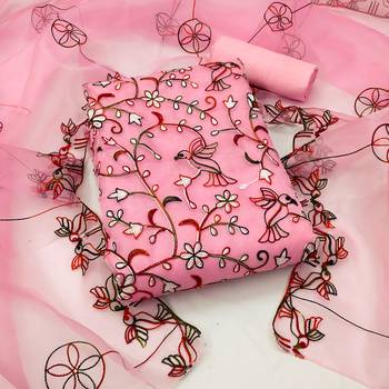 Women's pink chain stitched embrodiery thread with embroidered dupatta organza dress material 1