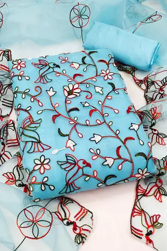 Women's sky blue unstitched chain stitched embrodiery thread with embroidered dupatta organza dress material (mt505sbl)