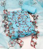 Women's sky blue chain stitched embrodiery thread with embroidered dupatta organza dress material