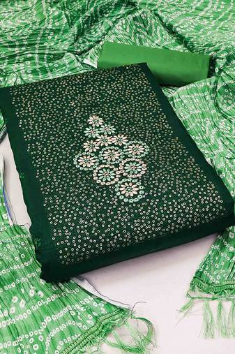 Women's green unstitched  thread sequence embrodiery bandhani print dupatta parampara cotton dress material 