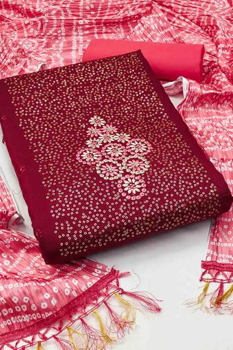 Women's maroon unstitched  thread sequence embrodiery bandhani print dupatta parampara cotton dress material (mt506mrn)