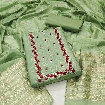 Women's green heavy thread embrodiery with designer dobby jacquard dupatta cotton dress material 1