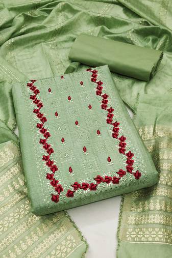 Women's green unstitched heavy thread embrodiery with designer dobby jacquard dupatta cotton dress material (mt507grn)