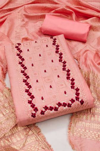Women's peach unstitched heavy thread embrodiery with designer dobby jacquard dupatta cotton dress material (mt507pch)