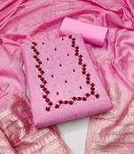 Women's pink heavy thread embrodiery with designer dobby jacquard dupatta cotton dress material