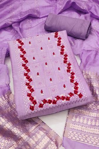 Women's purple unstitched heavy thread embrodiery with designer dobby jacquard dupatta cotton dress material 
