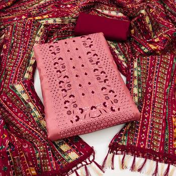 Women's rust heavy thread embrodiery with designer bandhani print dupatta zora silk dress material 1